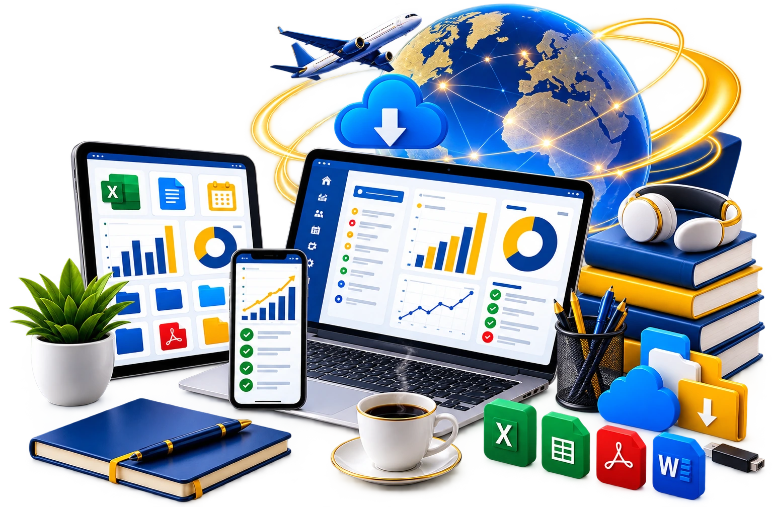 Digital systems illustration: laptop dashboard, tablet, phone, globe, books, files and spreadsheet tools